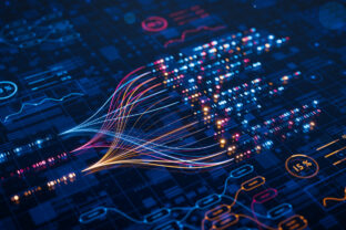 AI powers big data analysis and automation workflows, showcasing neural networks and data streams for business. Artificial intelligence, machine learning, digital transformation and tech innovation.