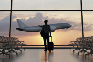Silhouette of a man walking in the airport as the plane takes off during sunset. 3D illustration