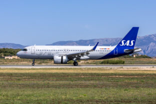 SAS Scandinavian Airlines Airbus A320neo airplane at Palma de Mallorca airport in Spain