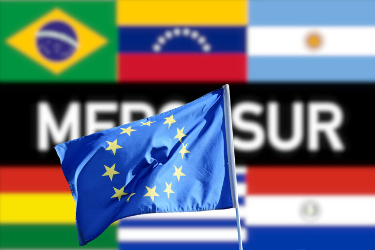 Flags of the Mercosur countries and flag of the European Union as a symbol of the free trade agreement