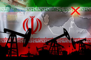 Strait of cormuz closure concept with Iranian flag and oil pumps. Global oil supply crisis and energy security risk