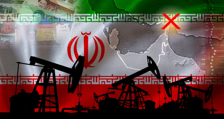 Strait of cormuz closure concept with Iranian flag and oil pumps. Global oil supply crisis and energy security risk