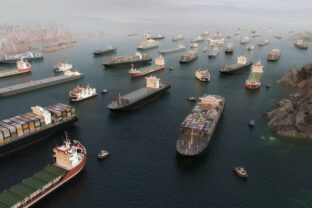 Cargo vessels congestion blocking maritime traffic in the Strait of Hormuz, tankers and container cargo ships clustered in aerial 3D illustration render.