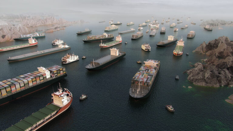 Cargo vessels congestion blocking maritime traffic in the Strait of Hormuz, tankers and container cargo ships clustered in aerial 3D illustration render.