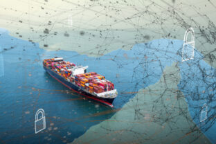 Container ship with digital security lock and network overlay.Concept of maritime trade protection, logistics cybersecurity, and global supply chain safety Blocking the Strait of Hormuz