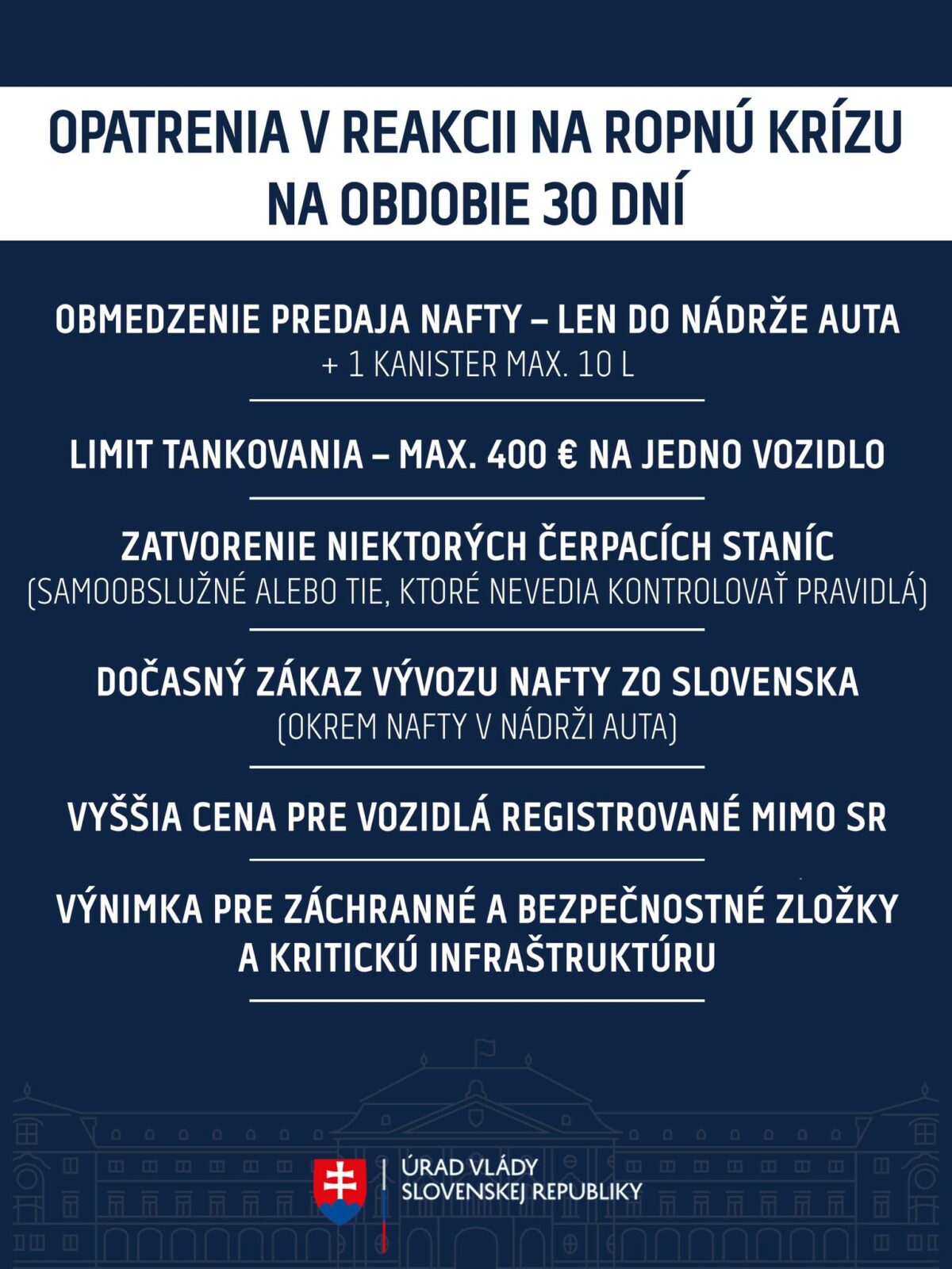 Opatrenia na pumpách na obdobie 30 dní v reakcii na ropnú krízu.