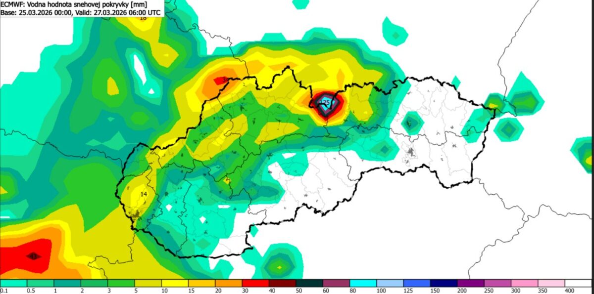 Vodná hodnota snehovej pokrývky podľa modelu ECMWF.