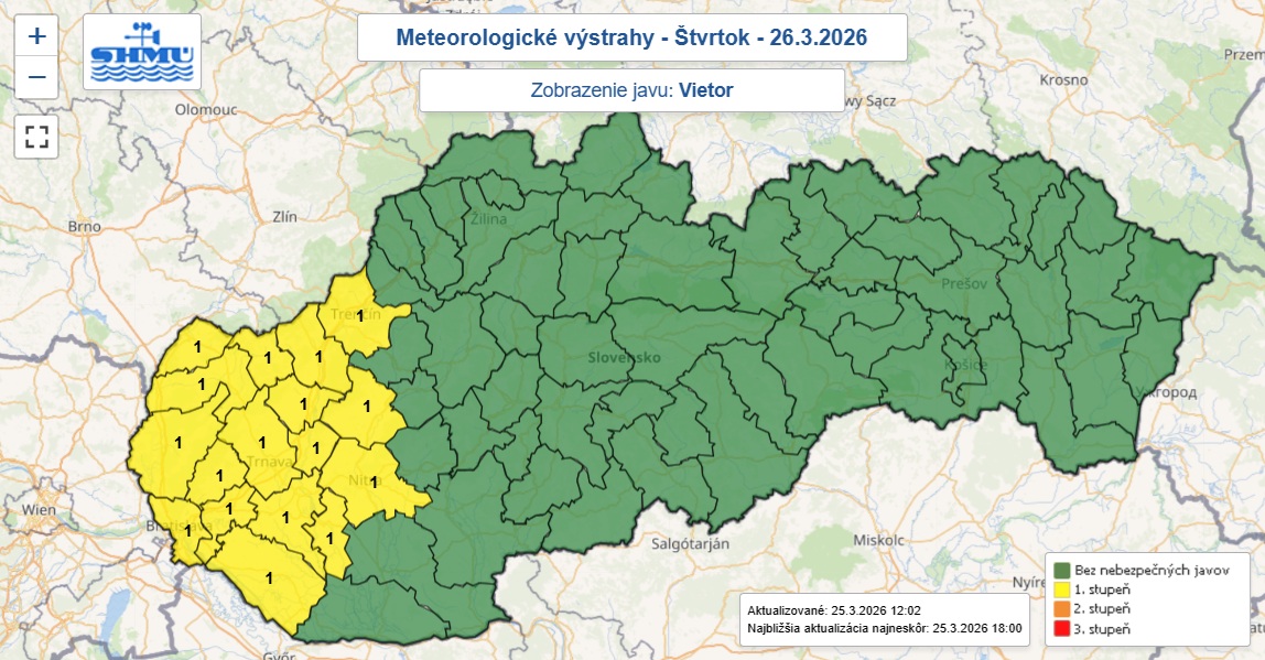 Výstraha prvého stupňa pred silným vetrom je na štvrtok 26. marca 2026 vydaná pre žltou farbou označenú časť Slovenska.