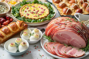 A table with diverse Easter dishes like ham, eggs, quiche, and bread, displaying a festive spread