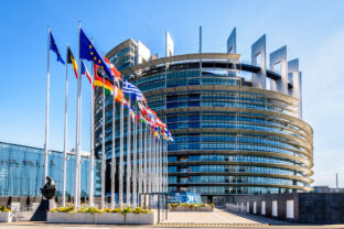 Entrance of the Louise Weiss building, seat of the European Parliament in Strasbourg, France.