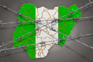 Map of Nigeria with barbed wire, 3D rendering on grey background