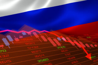 Russian Flag and Economic Downturn With Stock Exchange Market Indicators in Red