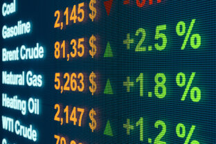 Rising prices and positive percentage price changes of Brent Crude Oil, Natural Gas and Heating Oil on a trading screen for commodities.