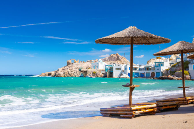 Beach and fishing village of Firapotamos on Milos island, Greece