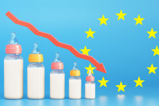 The concept of fertility decline in Europe. Depopulation, demographic crisis. Baby bottles in the form of graph and arrow down on the background of EU flag. 3d illustration.