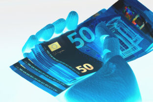 Close up view of robot holding Euros banknotes isolated on white