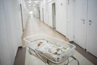 Newborn baby sleeps in a transparent plastic cradle, incubator in the maternity hospital. The baby is 2 days old.