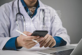 AI, healthcare doctor uses a mobile smartphone app to manage data and EHR for telemedicine and faster diagnostics, ensuring secure digital patient care and efficient clinical decisions.
