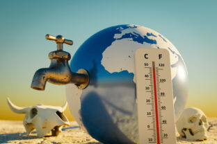 Global warming thermometer on earth globe with dry faucet. 3D RENDERING