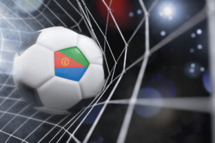 Realistic soccer ball in the net with the flag of Eritrea.(3D illustration series)