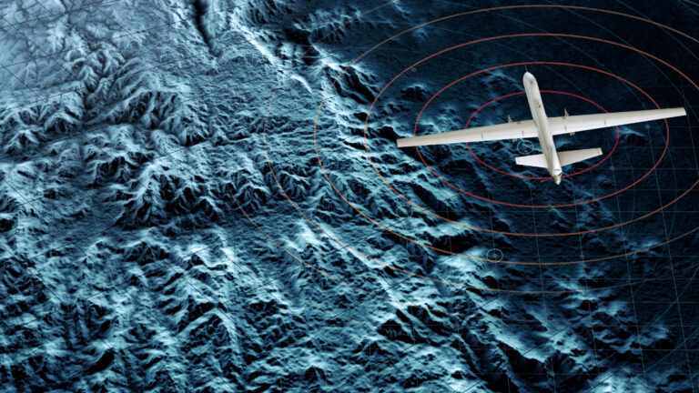 Satellite view of a military drone flying over a war zone, war operations, night vision