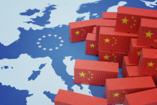 Chinese cargo containers on map of Europe. Import of chenese goods concept. 3D rendered illustration.