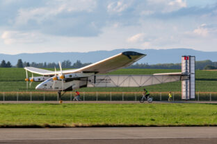 Solar Impulse 2 is a Swiss developed long range experimental solar powered aircraft taking off from Payerne Airport.