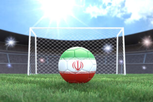 Soccer ball in flag colors on a bright sunny stadium background. Iran.