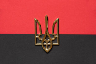 Flag of the Organization of Ukrainian Nationalists and the coat of arms of Ukraine