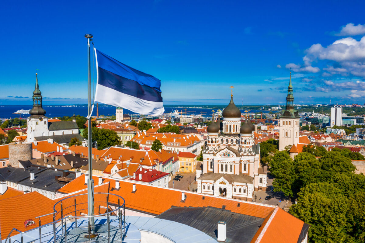 Aerial view of the Estonian flag waving on the Tall Hermann Tower ,Tallinn, Estonia