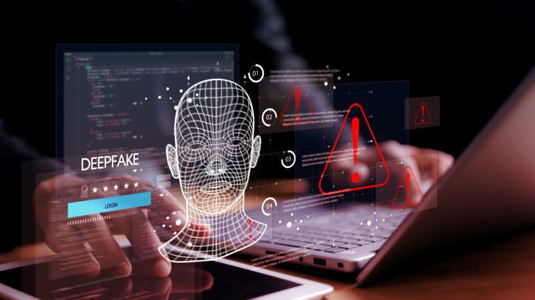 Deepfake concept ,Facial tracking, detection and recognition technology, Security system. Cyber security and Security password login online concept.