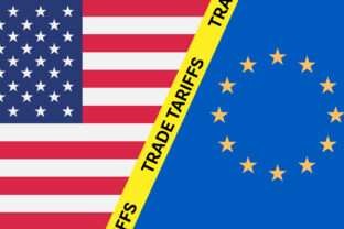 Flags of US and EU with yellow ribbon and trade tariffs text; ideal for articles, blogs, presentations on trade conflicts.
