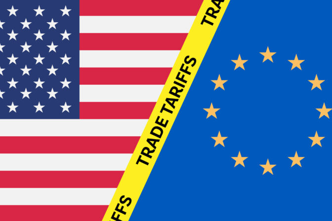 Flags of US and EU with yellow ribbon and trade tariffs text; ideal for articles, blogs, presentations on trade conflicts.