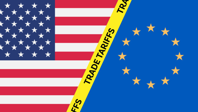 Flags of US and EU with yellow ribbon and trade tariffs text; ideal for articles, blogs, presentations on trade conflicts.