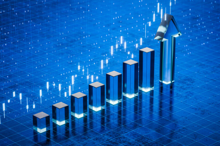 Rising chart. Up chart. Growth of indicators. Price increase. Growing chart concept. Financial chart shows price and goes up. Growth of cryptocurrency, stock or currency. Stock. 3D render.