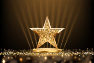 Gold podium with glitter star on top and spotlights rays. Golden award platform isolated on black background. Abstract vector illustration for product presentation or winner ceremony