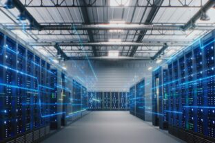 Modern Data Center with Server Racks with VFX Animation of Data Flow, Internet Traffic on Servers