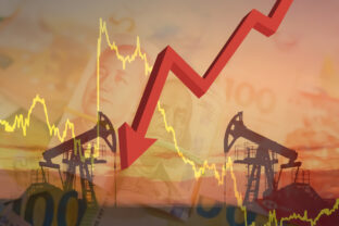 Crude mining concept of falling oil prices on trading exchange. Falling oil prices during war. Petroleum extraction. Fossil crude. Drilling derrick in oilfield. Natural gas, Crude petroleum industry.