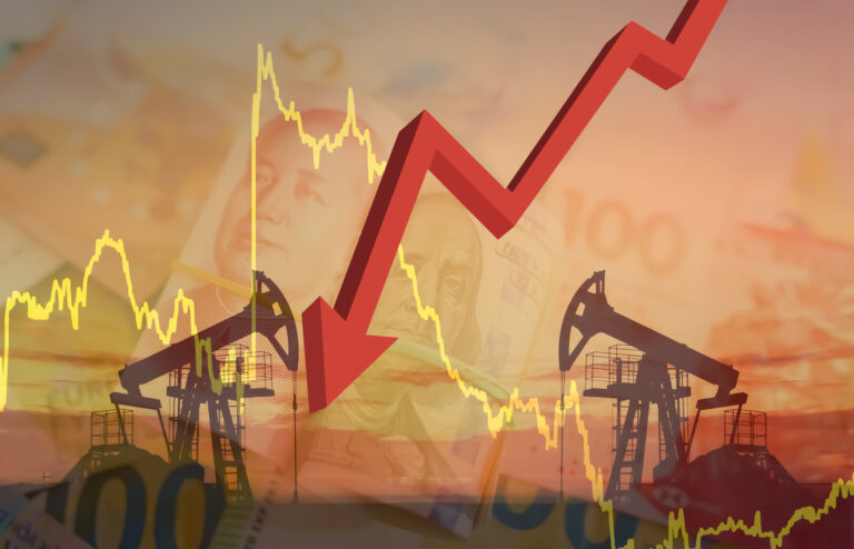 Crude mining concept of falling oil prices on trading exchange. Falling oil prices during war. Petroleum extraction. Fossil crude. Drilling derrick in oilfield. Natural gas, Crude petroleum industry.