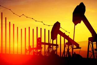 3d illustration of oil pump jacks on sunset sky background with financial analytics. Concept of falling oil prices