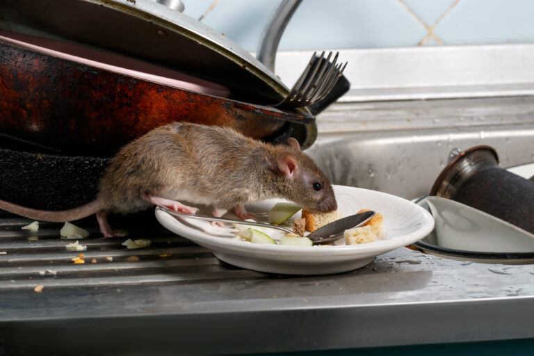 Close up young rats sniffs leftovers on a plate on sink at the kitchen.