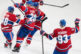 Juraj Slafkovský sa so spoluhráčmi teší zo svojho gólu na 4:1, v treťom zápase 2. kola play-off NHL, v ktorom jeho Montreal zdolal Buffalo 6:2 a ujal sa vedenia v sérii 2:1 na zápasy. Montreal, 10. máj 2026