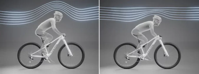Figurant ukazuje spôsob uchopenia na bicykli pre lepšiu aerodynamiku