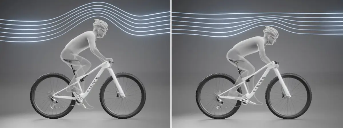 Figurant ukazuje spôsob uchopenia na bicykli pre lepšiu aerodynamiku