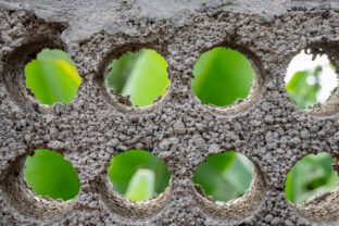 Banana trees viewed through circular holes in boundary breeze concrete blocks