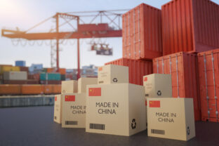 Many chinese cargo containers and cardboard boxes. Importing goods from China concept. 3D rendered illustration.