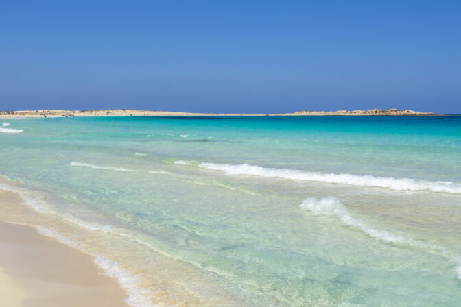 Marsa Matruh, Egypt. The sandy beach and the amazing sea with tropical blue, turquoise and green colors. Relaxing context. Fabulous holidays. Mediterranean Sea. North Africa. Clean and pristine sea