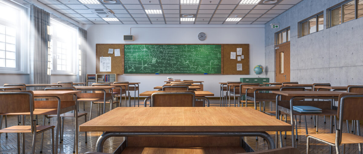 Interior of a traditional style school classroom.