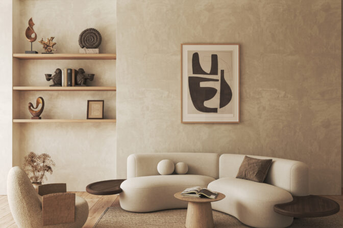 Contemporary classic white beige interior with furniture and decor. Empty wall mockup. 3d rendering. High quality 3d illustration