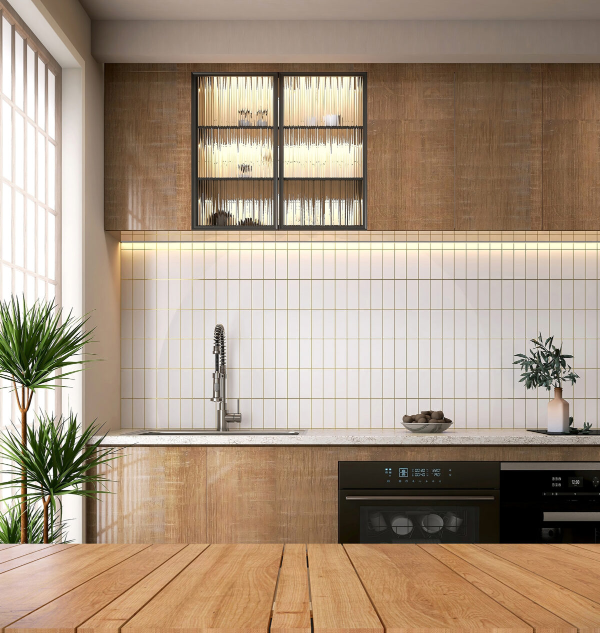 Wooden countertop, table top in modern, luxury kitchen with cabinet, cupboard, white tile splashback, gold grout line